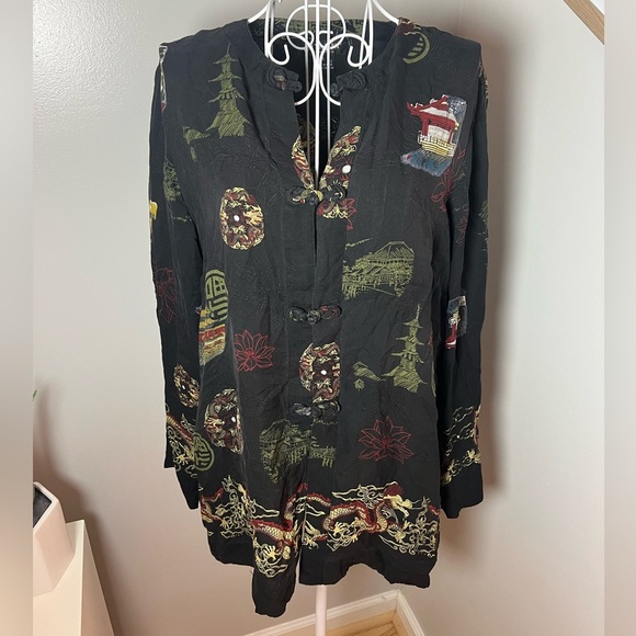 Citron Santa Monica Silk VTG Embroidered Asian Print Kimono Style Jacket Size L - Picture 1 of 5